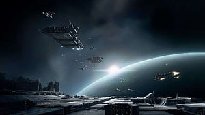 Fleet of futuristic spaceships orbiting a planet with a massive space station in the foreground HD wallpaper