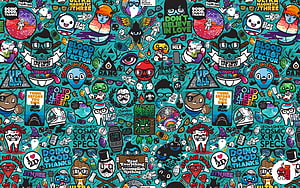 Colorful Doodle Art Pattern with Whimsical Characters and Playful Typography HD wallpaper
