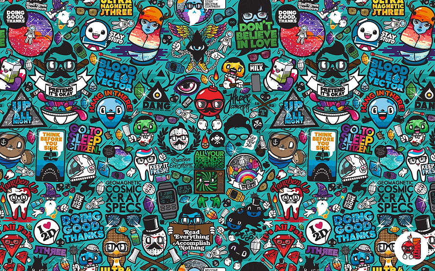 Colorful Doodle Art Pattern with Whimsical Characters and Playful Typography HD wallpaper