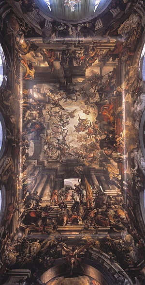 Baroque Ceiling Fresco with Dramatic Figures and Architectural Illusion HD phone wallpaper