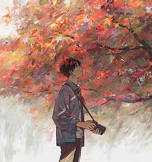 Anime Boy Holding Camera Under Vibrant Autumn Maple Tree HD phone wallpaper