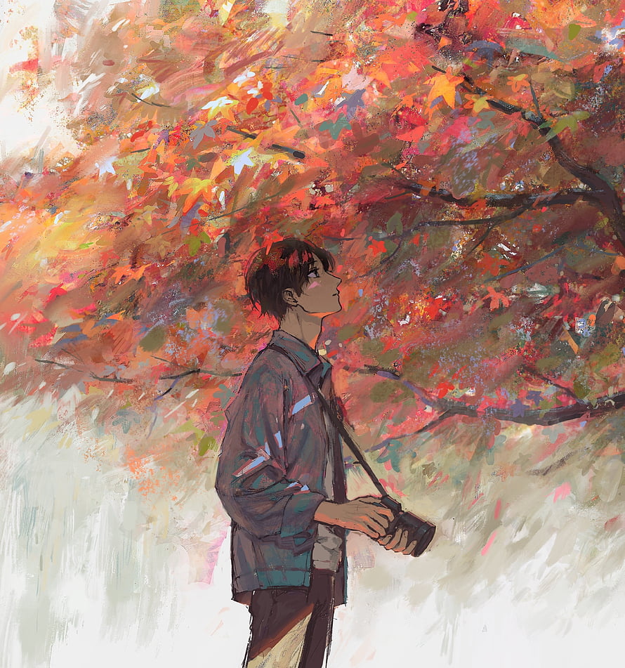 Anime Boy Holding Camera Under Vibrant Autumn Maple Tree HD phone wallpaper