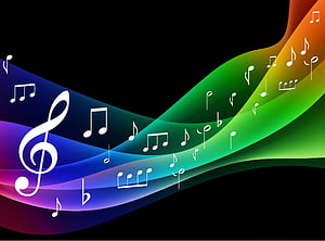 Vibrant Rainbow Music Notes and Treble Clef on Black Background HD wallpaper