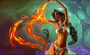 Fantasy Belly Dancer Wielding Flowing Fire in Ethereal Green Setting HD wallpaper