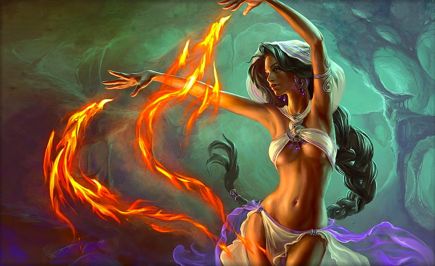Fantasy Belly Dancer Wielding Flowing Fire in Ethereal Green Setting HD wallpaper