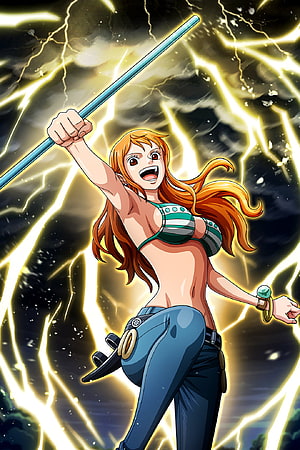 Nami from One Piece wielding her Clima-Tact staff amidst a storm of yellow lightning bolts HD phone wallpaper
