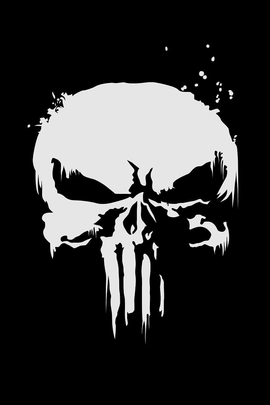 The Punisher distressed skull logo in white on a solid black background HD phone wallpaper