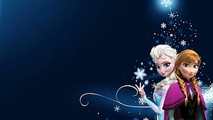 Elsa and Anna from Disney Frozen Creating Magical Snowflakes Against a Deep Blue Night Sky HD wallpaper