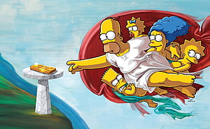 The Simpsons Family Flying Toward a Golden Remote Control in a Parody of Michelangelo's Creation of Adam HD wallpaper