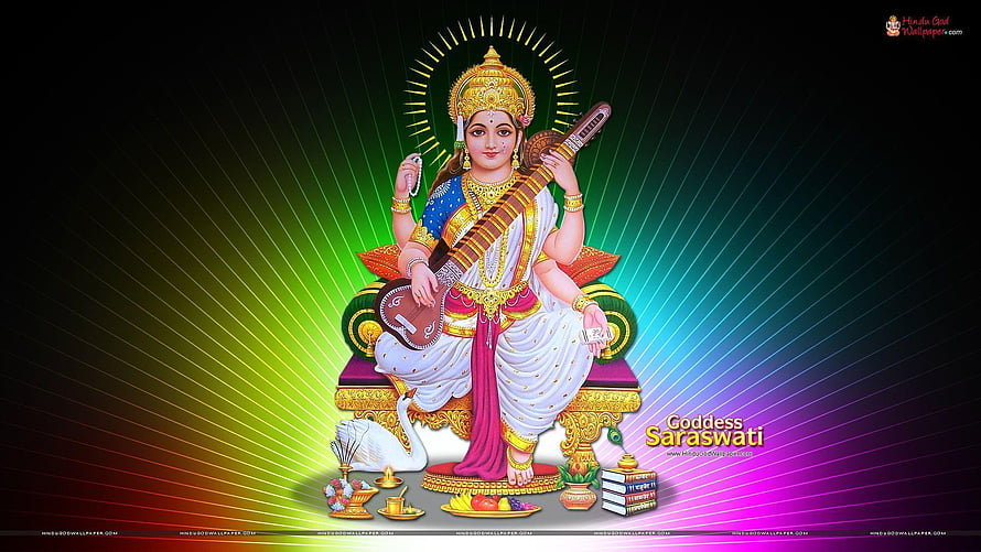 Goddess Saraswati Seated on Lotus Throne Holding Veena with Radiant Halo and Peacock HD wallpaper