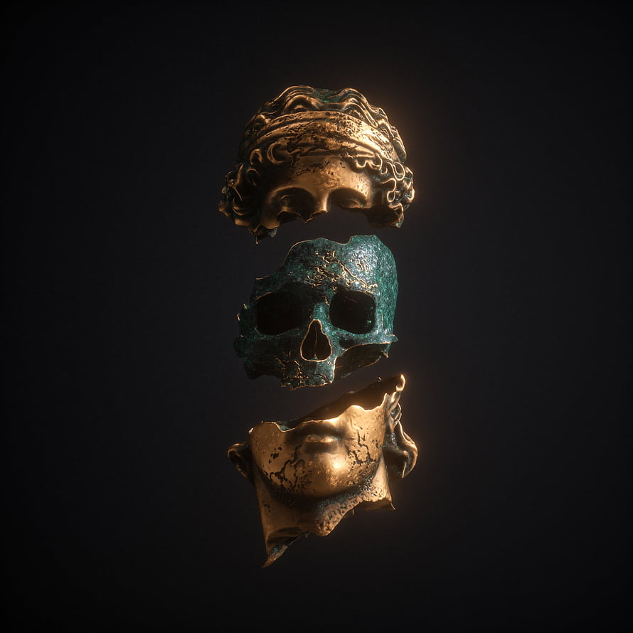 Floating Ancient Bronze Skull and Mask Fragments on Dark Background HD phone wallpaper