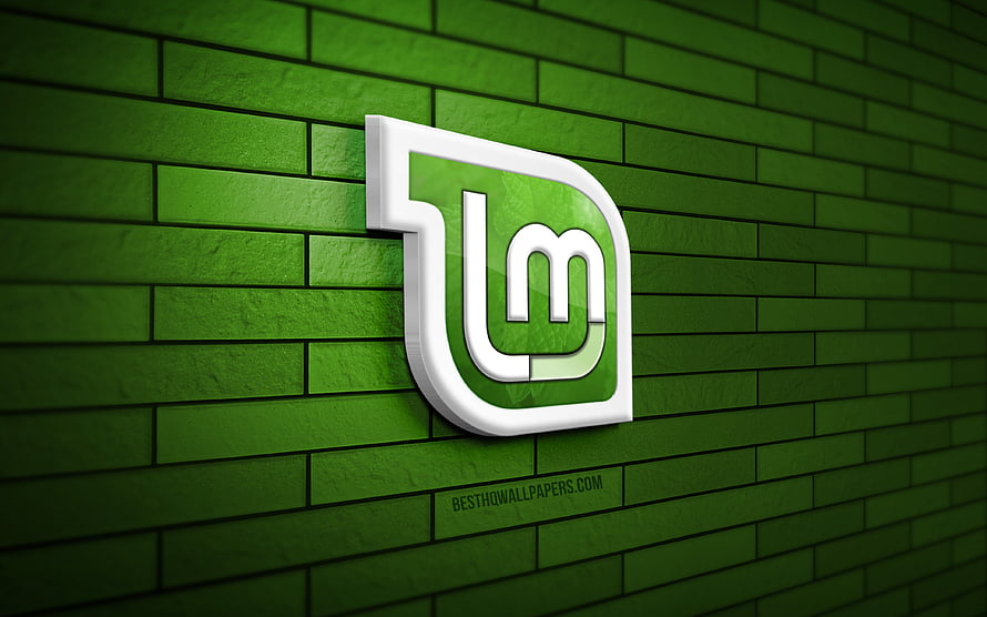 Linux Mint 3D Logo on Green Brick Wall HD wallpaper