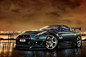 Nissan GT-R R35 Supercharged Concept Car on Wet Asphalt at Sunset HD wallpaper