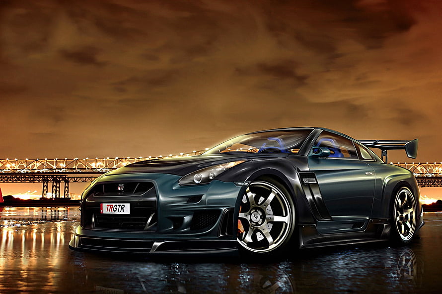 Nissan GT-R R35 Supercharged Concept Car on Wet Asphalt at Sunset HD wallpaper