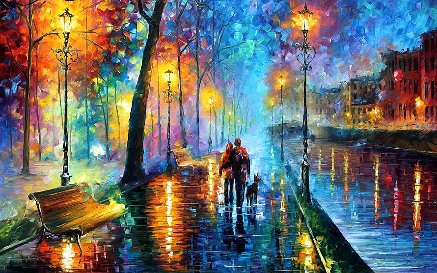 Impressionist Painting of a Couple Walking a Dog on a Rainy City Street at Night HD wallpaper
