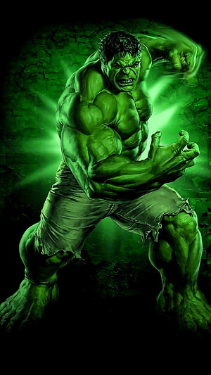 The Incredible Hulk roaring in a dynamic pose with glowing green energy and torn purple pants HD phone wallpaper