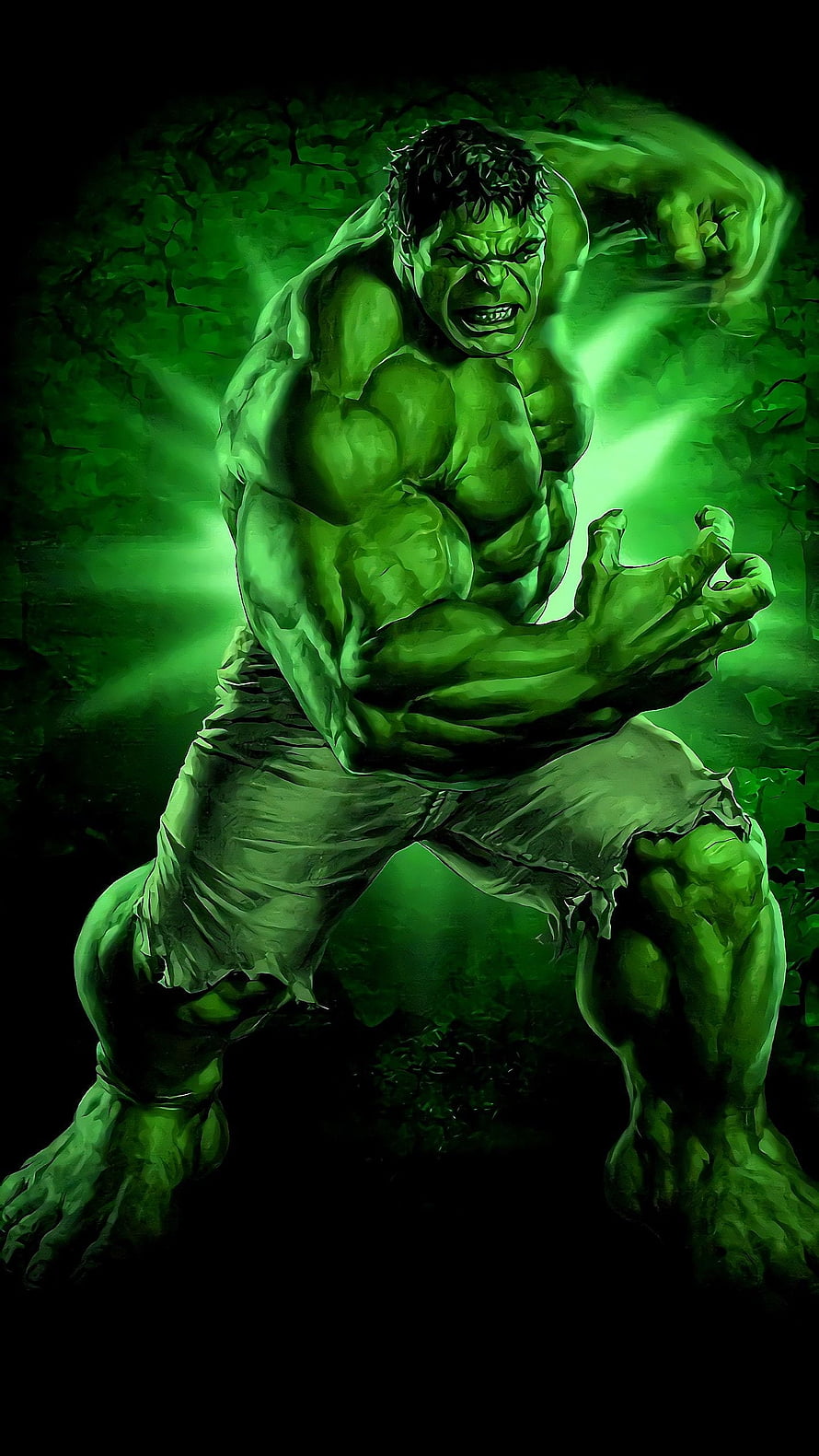The Incredible Hulk roaring in a dynamic pose with glowing green energy and torn purple pants HD phone wallpaper