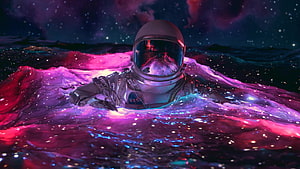 Astronaut Floating in a Glowing Cosmic Ocean of Purple and Pink Nebula HD wallpaper