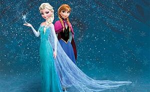 Elsa and Anna from Frozen standing together in magical winter snow scene HD wallpaper