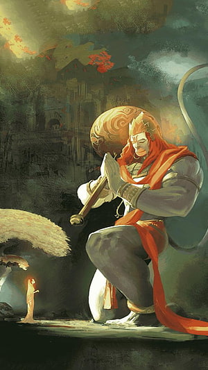 Hanuman Kneeling in Prayer Before Sita in a Mystical Forest Setting, Hanuman, bajrang, maruti, sita HD phone wallpaper