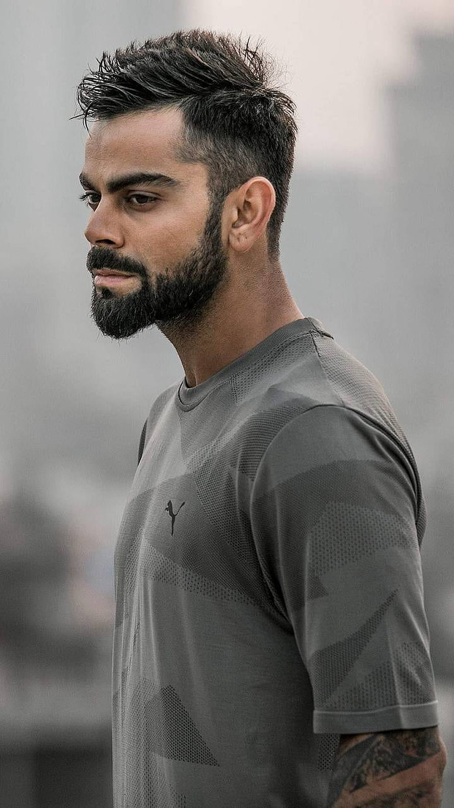 Virat Kohli in Grey Puma Training Jersey with Bearded Side Profile Portrait HD phone wallpaper