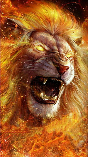 Fierce Mythical Lion Roaring in Flames with Glowing Eyes and Fiery Mane HD phone wallpaper