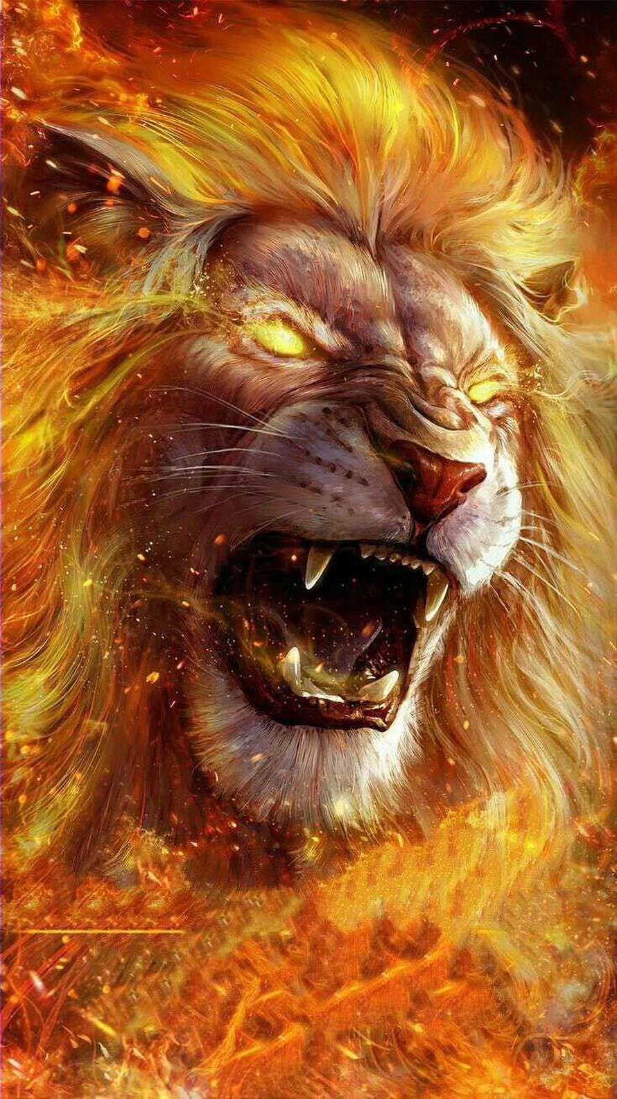 Fierce Mythical Lion Roaring in Flames with Glowing Eyes and Fiery Mane HD phone wallpaper