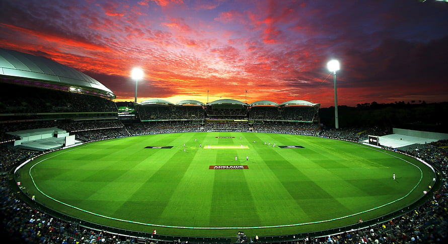 Adelaide Oval Cricket Stadium at Sunset with Dramatic Red Sky HD wallpaper