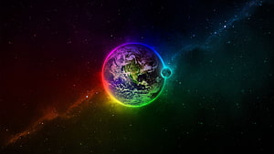 Vibrant Rainbow Glow Surrounding Earth and Moon in Deep Space Nebula HD wallpaper