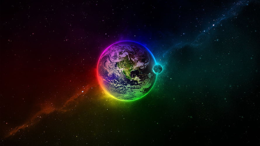 Vibrant Rainbow Glow Surrounding Earth and Moon in Deep Space Nebula HD wallpaper