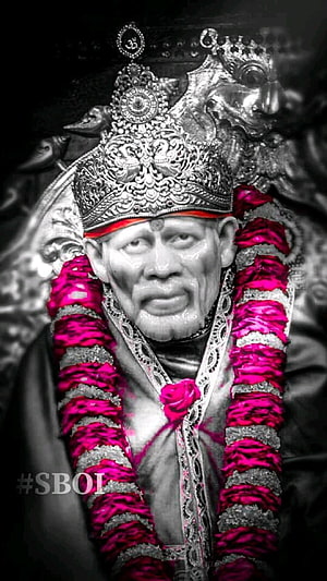 Sai Baba Portrait with Ornate Crown and Vibrant Pink Floral Garland HD phone wallpaper