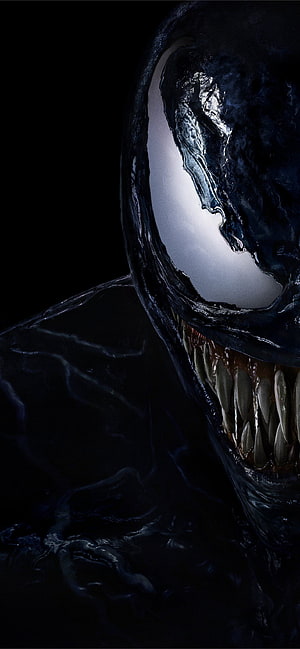 Venom Close-Up Portrait With Sharp Teeth And Glowing White Eye On Black Background HD phone wallpaper