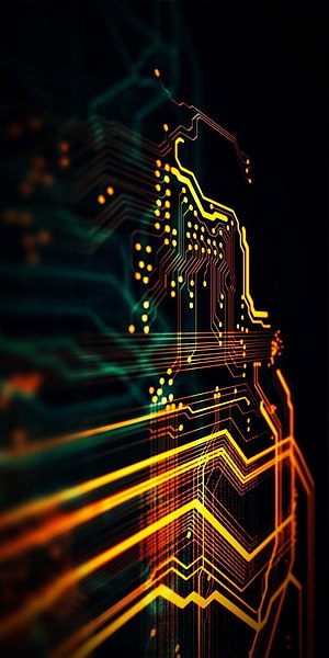Glowing Circuit Board Traces with Neon Orange and Teal Light on Black Background HD phone wallpaper