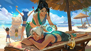 Jett and Neon Sage Relaxing on a Tropical Beach in Valorant Summer Art HD wallpaper