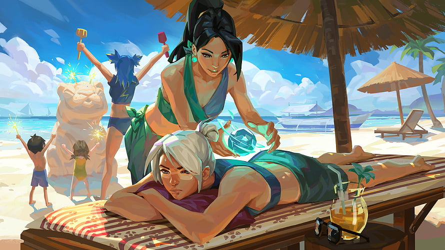 Jett and Neon Sage Relaxing on a Tropical Beach in Valorant Summer Art HD wallpaper
