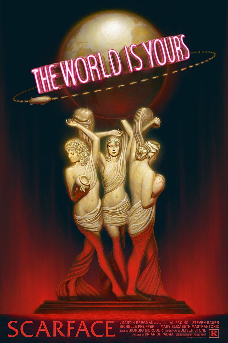 Scarface Movie Poster Featuring The World Is Yours Statue and Neon Sign HD phone wallpaper