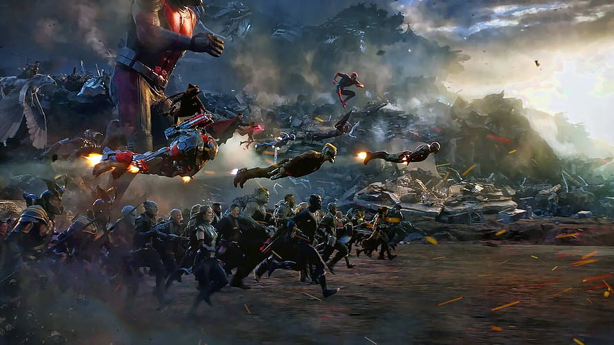 Avengers Endgame Battle Scene with Iron Man, Captain America, and Thor in Epic Combat HD wallpaper