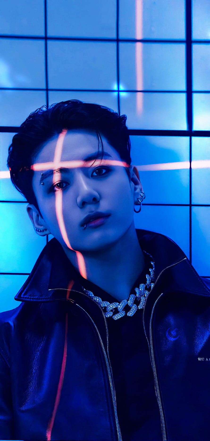 St. Larry of BTS in a black leather jacket with neon blue and pink lighting HD phone wallpaper