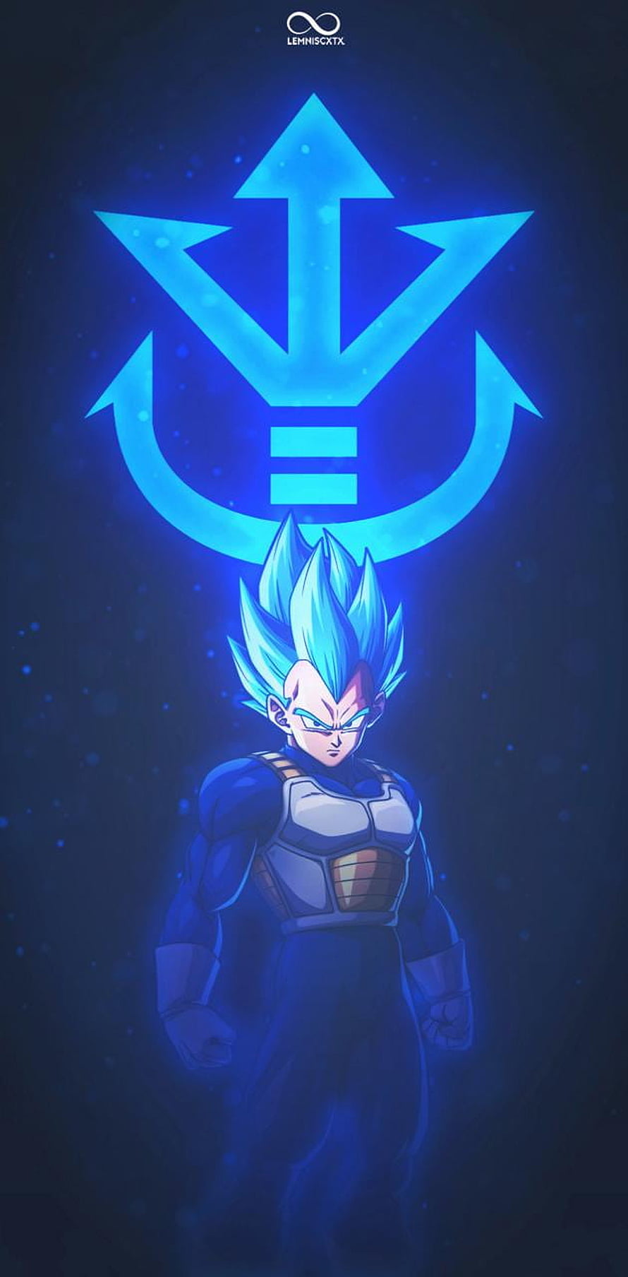 Vegeta Super Saiyan Blue with glowing blue energy symbol on dark background HD phone wallpaper