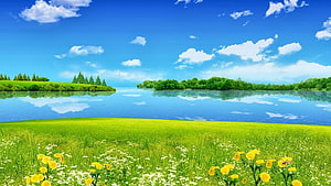 Vibrant Summer Lake Landscape With Green Meadows And Wildflowers Under A Blue Sky HD wallpaper