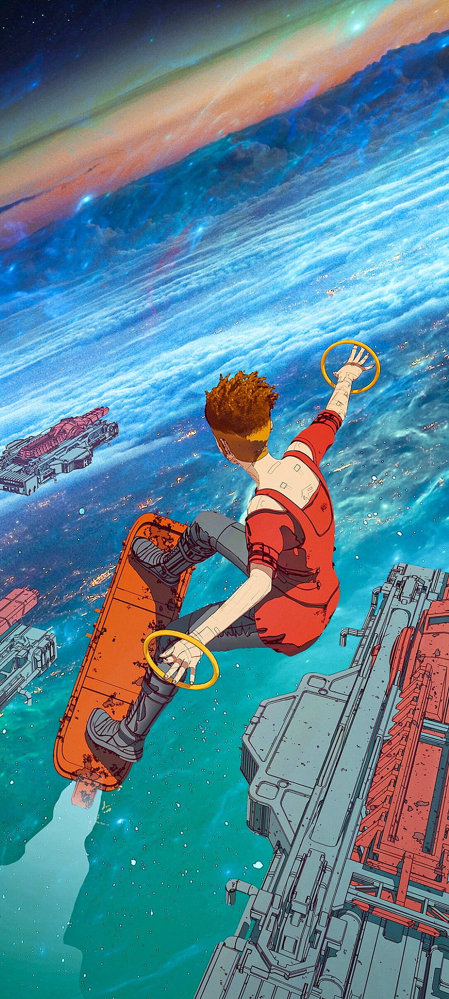 Anime Character Riding Hoverboard Through Cosmic Space With Sci-Fi Ships HD phone wallpaper