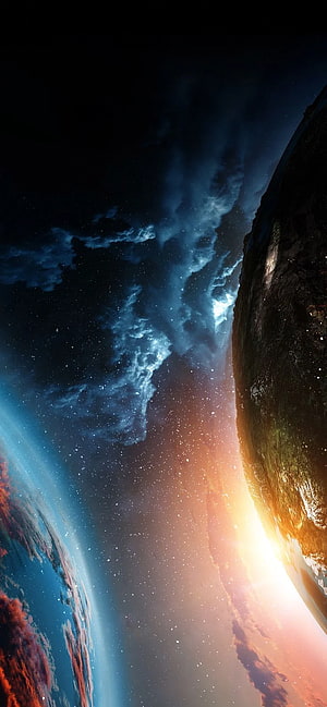 Stunning Space Artwork Featuring Two Planets and a Glowing Nebula HD phone wallpaper