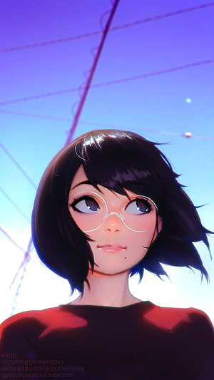 Anime Girl with Short Black Hair and Round Glasses in Pastel Blue Sky HD phone wallpaper