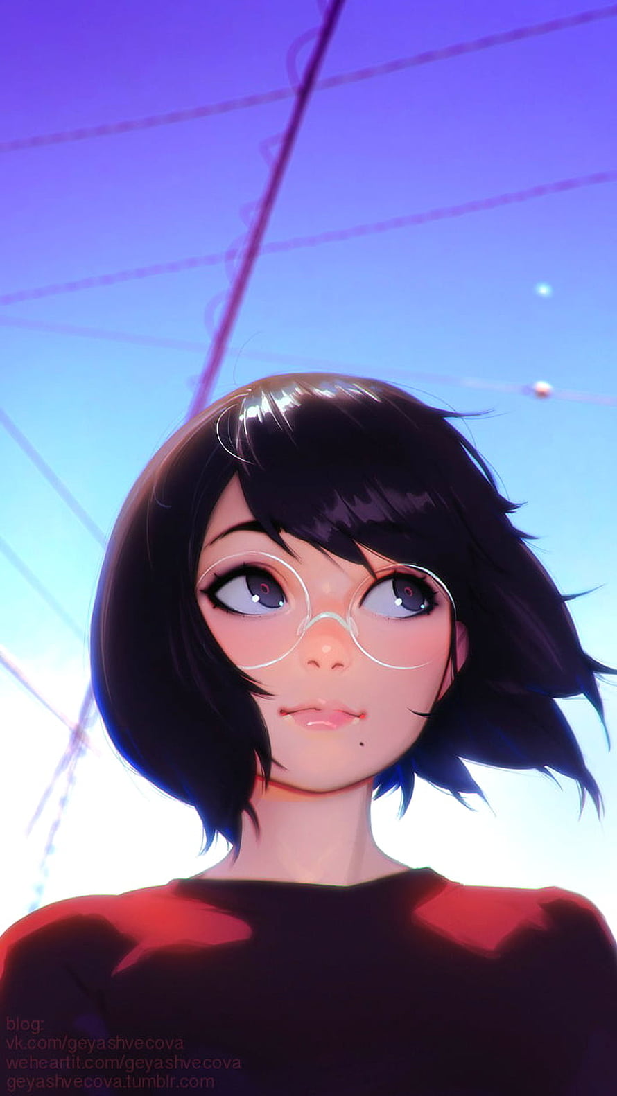 Anime Girl with Short Black Hair and Round Glasses in Pastel Blue Sky HD phone wallpaper