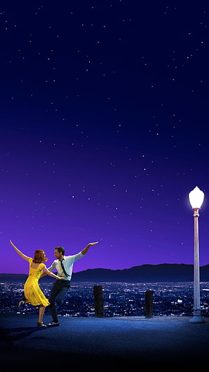 La La Land Couple Dancing Under Starry Night Sky Over City Lights HD phone wallpaper