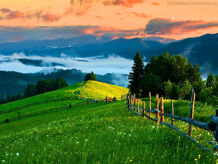 Sunlit Green Mountain Pasture with Rustic Fence and Valley Mist at Sunrise HD wallpaper