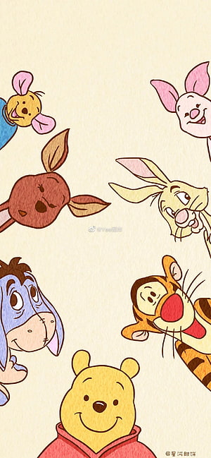 Winnie the Pooh and Friends Cartoon Illustration on Cream Background HD phone wallpaper