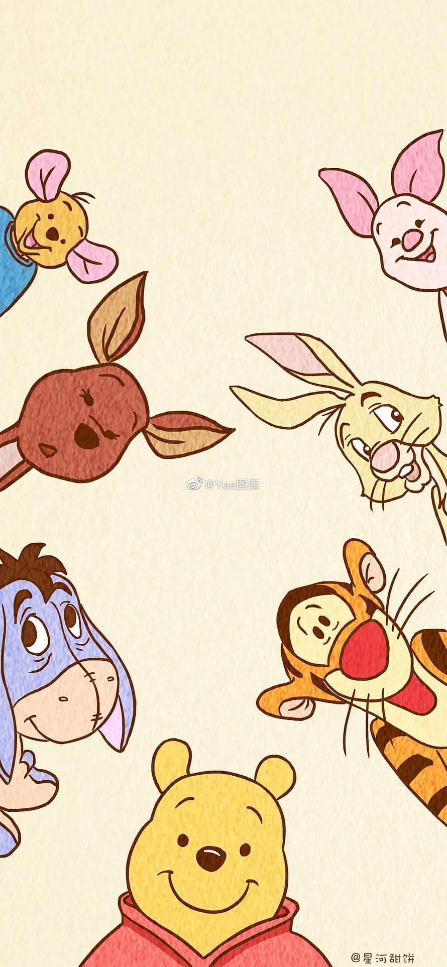 Winnie the Pooh and Friends Cartoon Illustration on Cream Background HD phone wallpaper