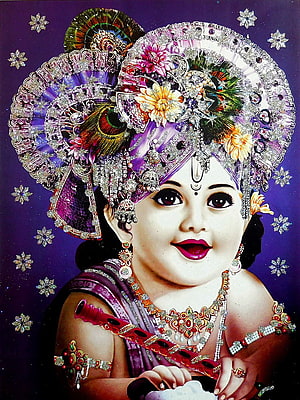 Baby Krishna Playing Flute With Peacock Feather Crown And Jewels HD phone wallpaper