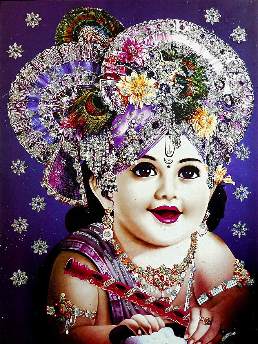 Baby Krishna Playing Flute With Peacock Feather Crown And Jewels HD phone wallpaper
